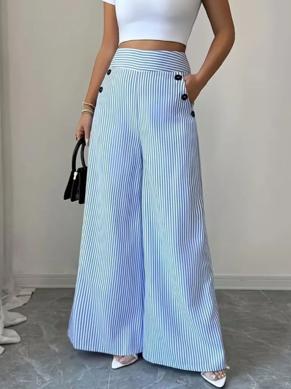 NWT Striped Wide Leg Pants High Waist Nautical Sailor Button Trousers - Picture 4 of 9